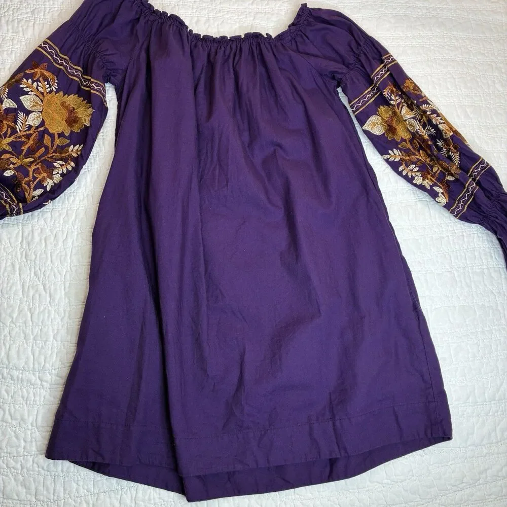 Free People purple mini dress S embroidered off-shoulder boho peasant romantic‎